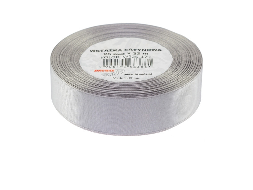 Wstążka satynowa 25mmx32m srebrna 2 Brewis